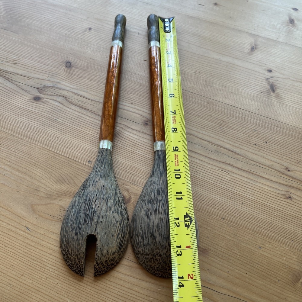 hand-carved wooden salad servers inlaid with mother of pearl handles New - Picture 6 of 6